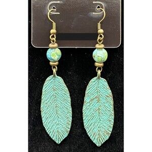 Handmade Verdigris Leaf with Aqua & Green Agate Bead Earrings by Neanie-Bot